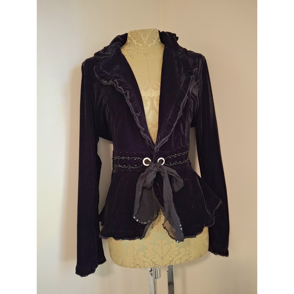 Y2K Vintage CoverCharge Black Velvet Witchy Goth Beaded Bow Coatigan Size Large